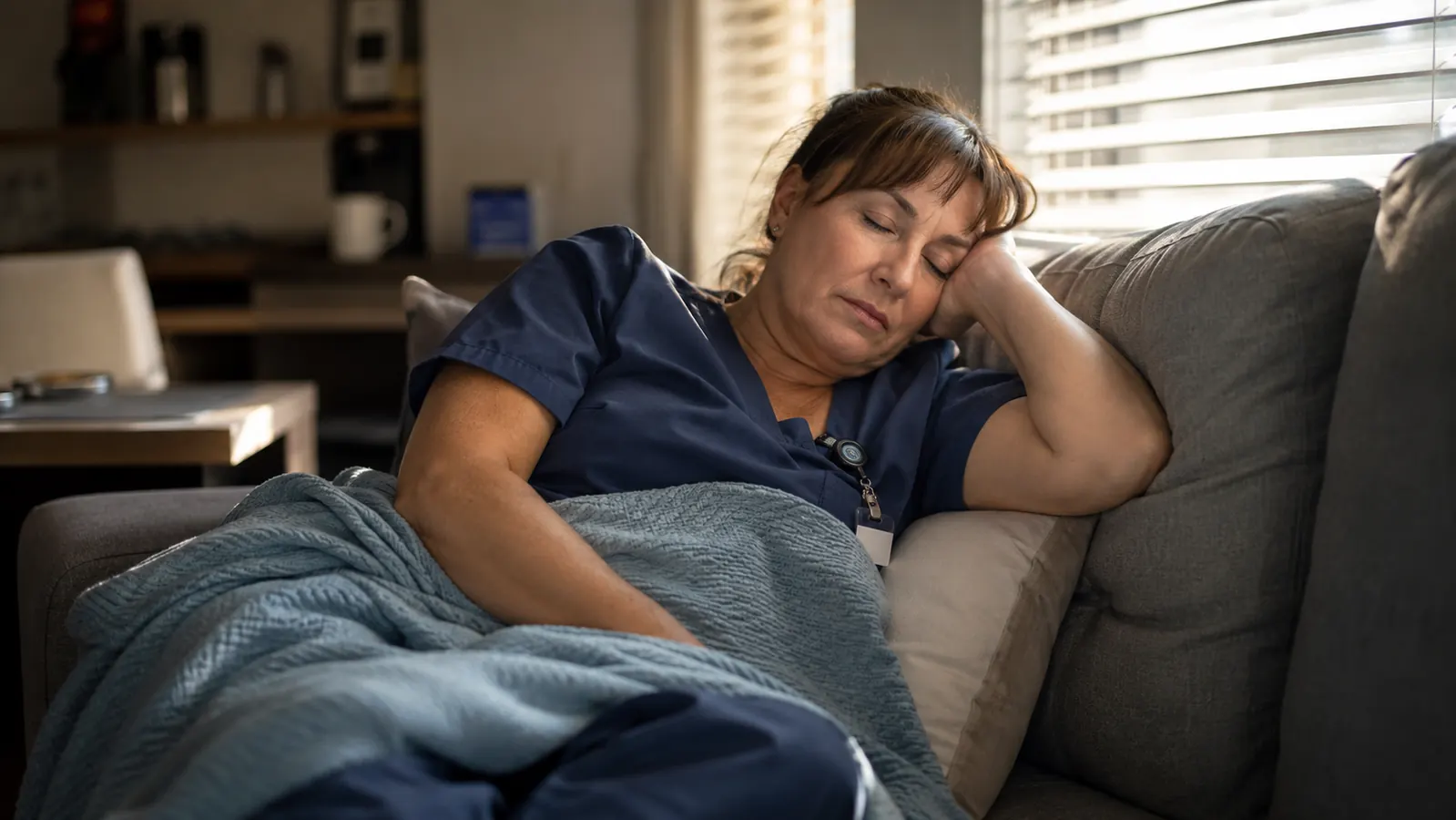 A woman in nurse scrubs napping on a couch in daylight with a lightweight cooling blanket pulled over her legs
