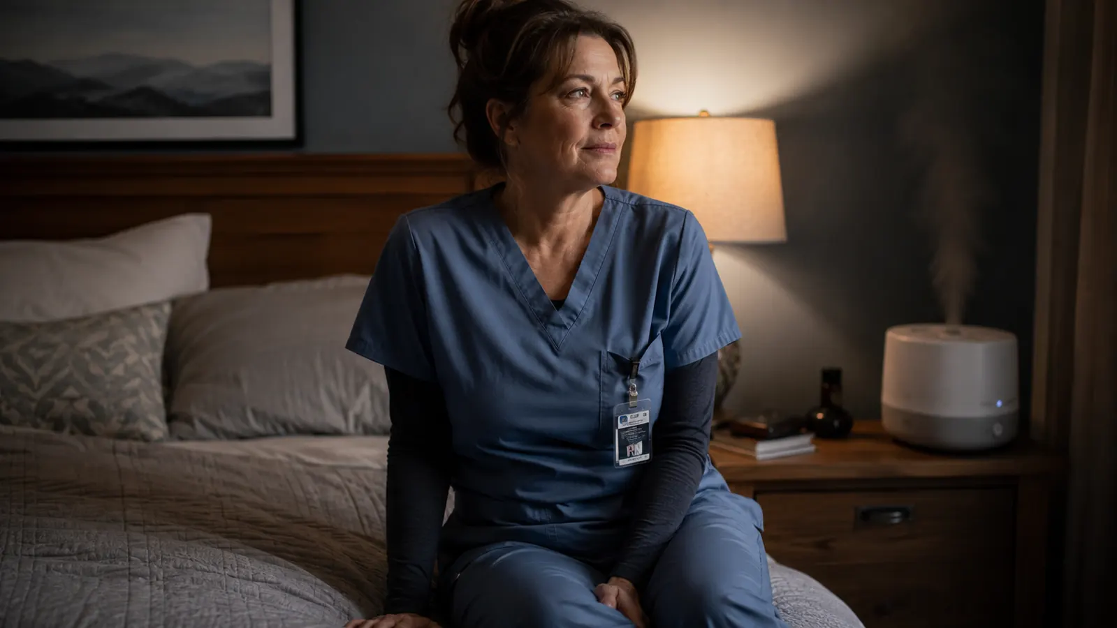 A woman in nurse scrubs sitting on the edge of a bed next to a nightstand humidifier before a night shift