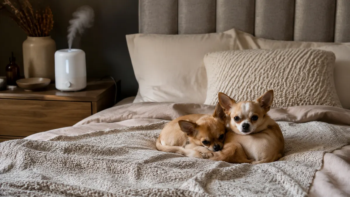 Two small chihuahuas curled up on a made bed near a nightstand with a small humidifier running