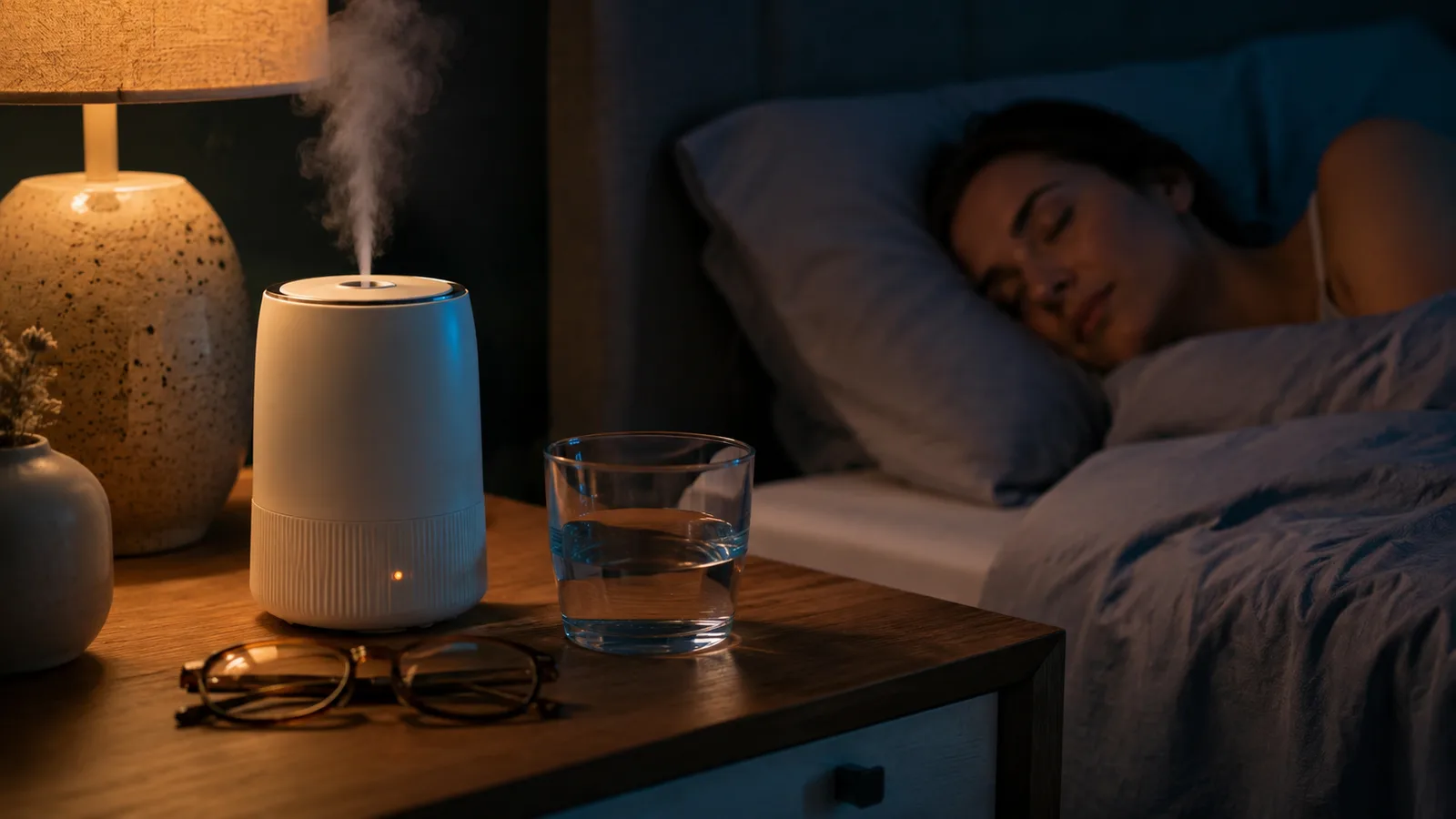 Bedroom nightstand at night with a humidifier glowing softly next to a folded pair of reading glasses and a glass of water
