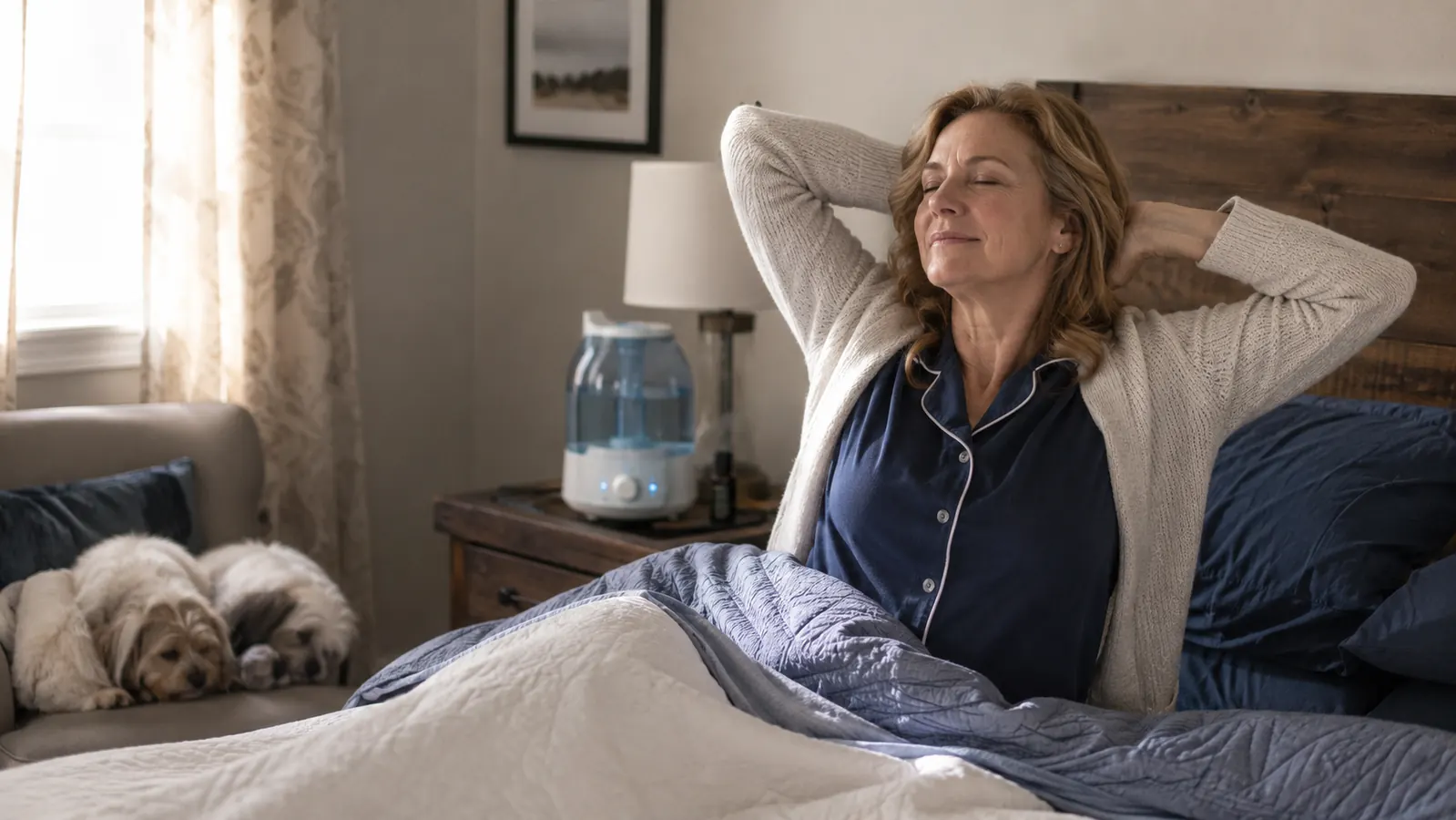Woman waking up rested in a calm bedroom with morning light and a humidifier visible on the nightstand