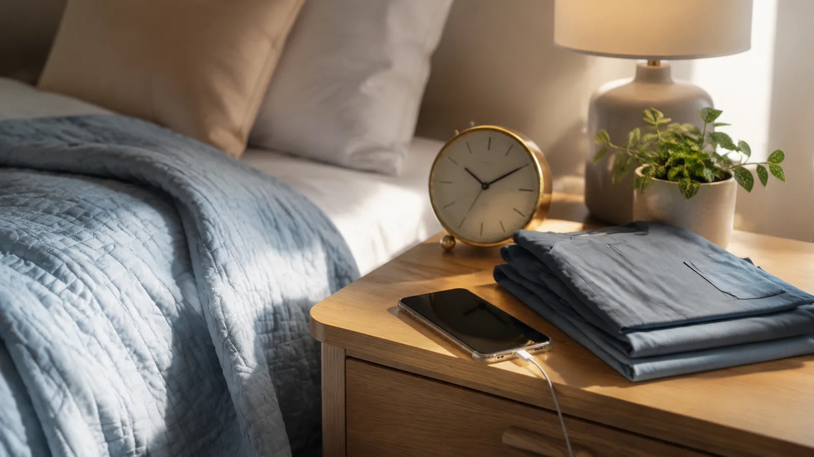 A nightstand with folded nursing scrubs and a digital clock reading 2:00 PM beside a bed with a cooling blanket