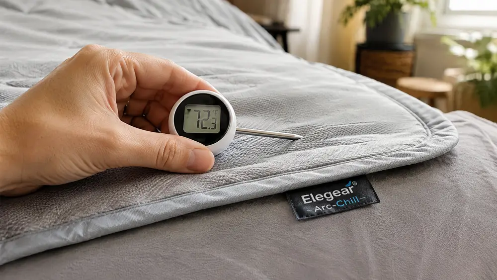 Close-up of a hand holding a small kitchen thermometer against the surface of a smooth gray cooling blanket
