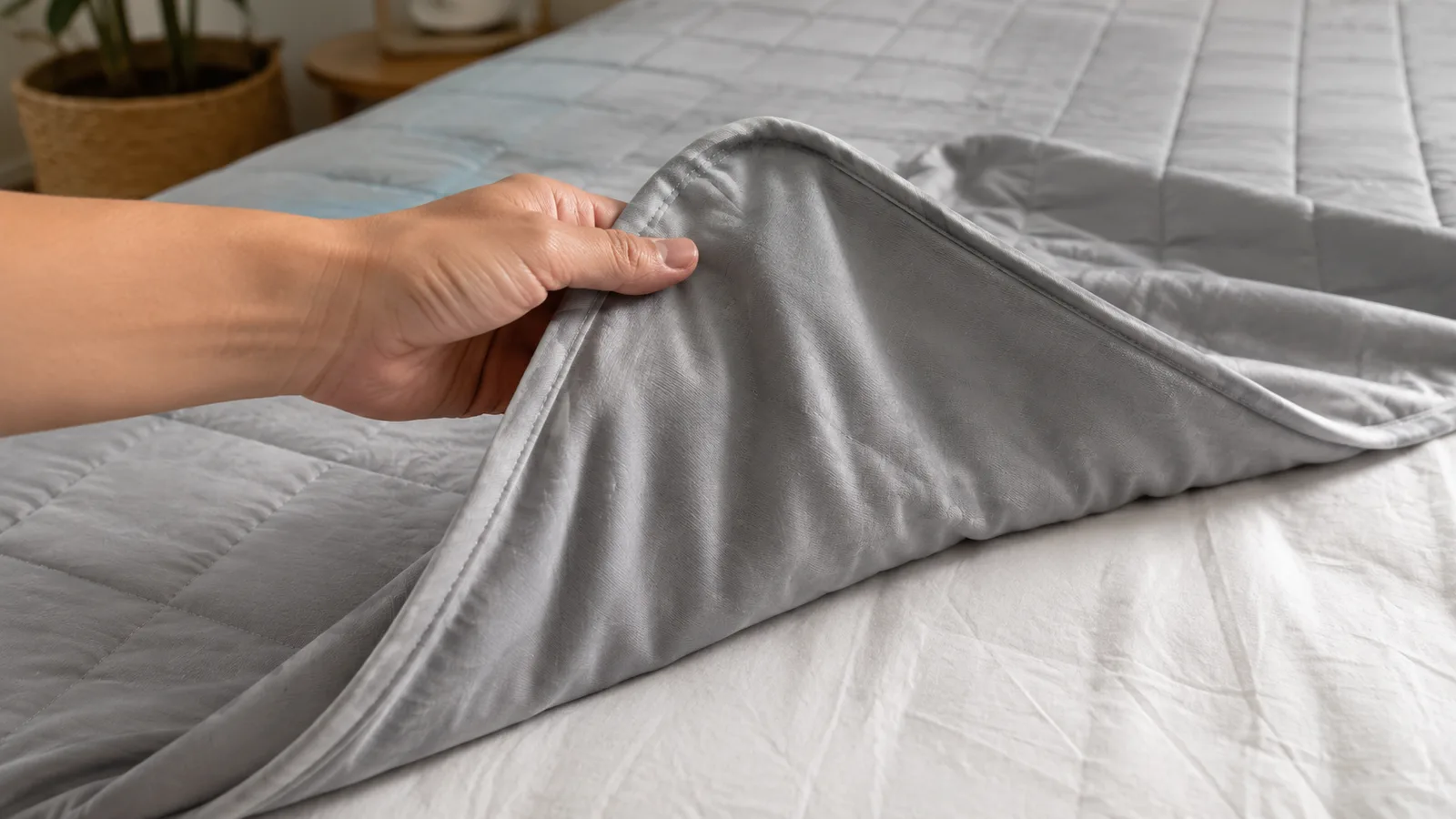 Close-up of a hand pulling back the corner of a smooth, cool-to-the-touch gray blanket to show the tight fiber weave