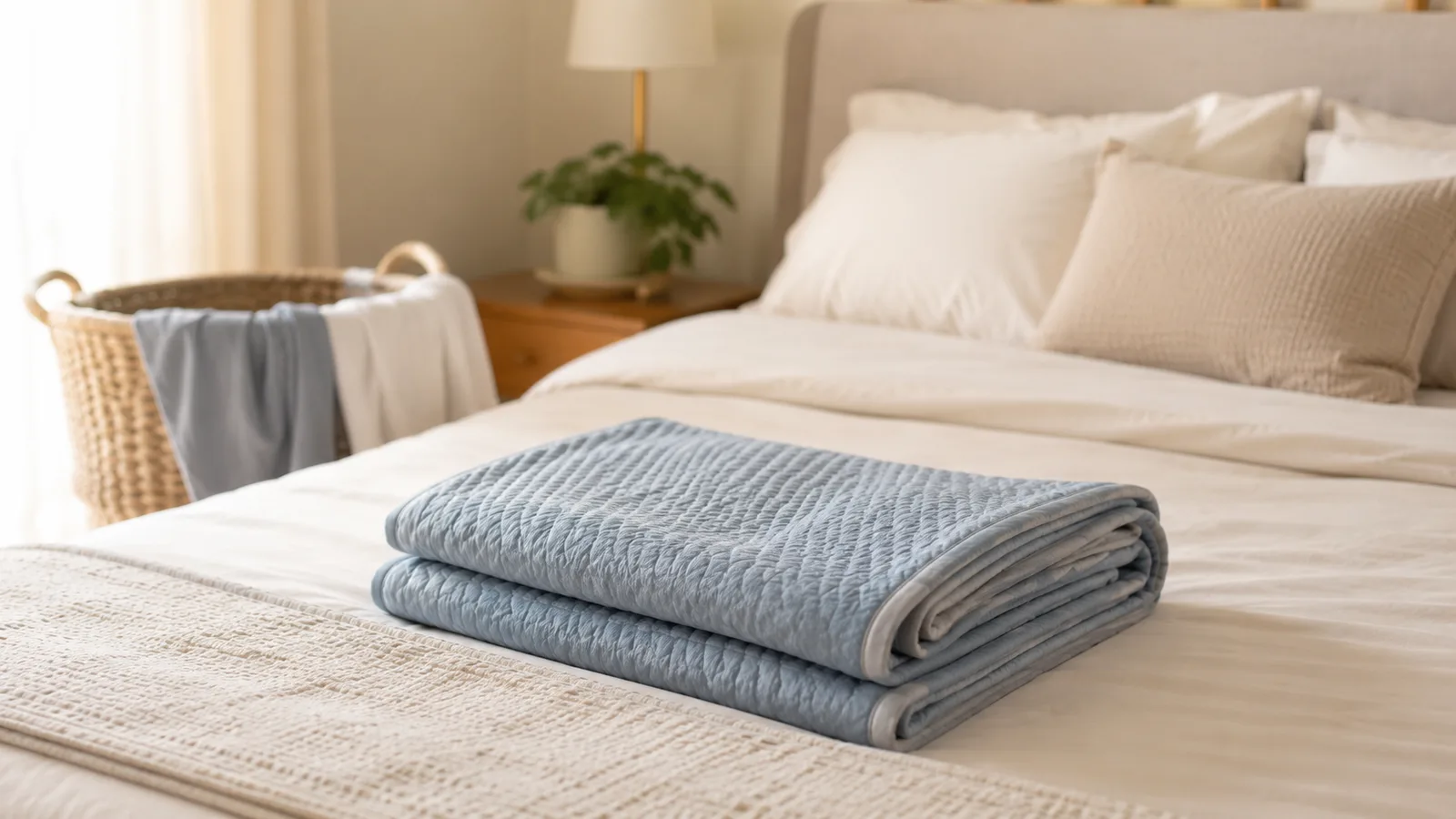 Folded gray cooling blanket at the foot of a made bed next to a small stack of laundered sheets