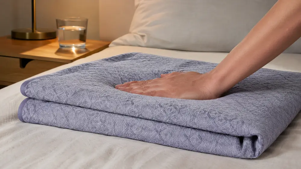 Hand pressing into the folded fabric of the Elegear cooling blanket to show its weave and texture