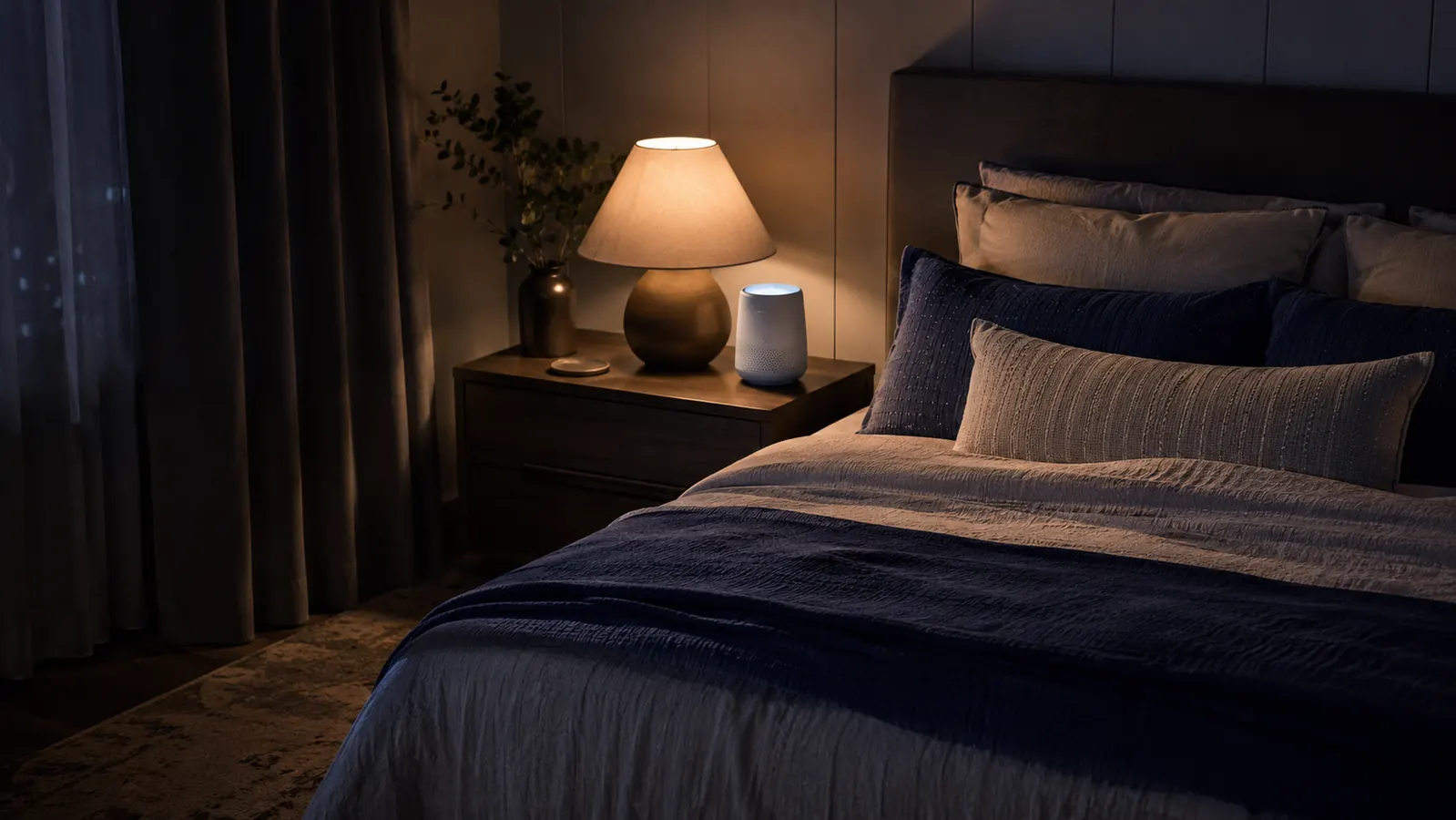 A serene bedroom at dusk with layered bedding and a warm lamp glowing on the nightstand