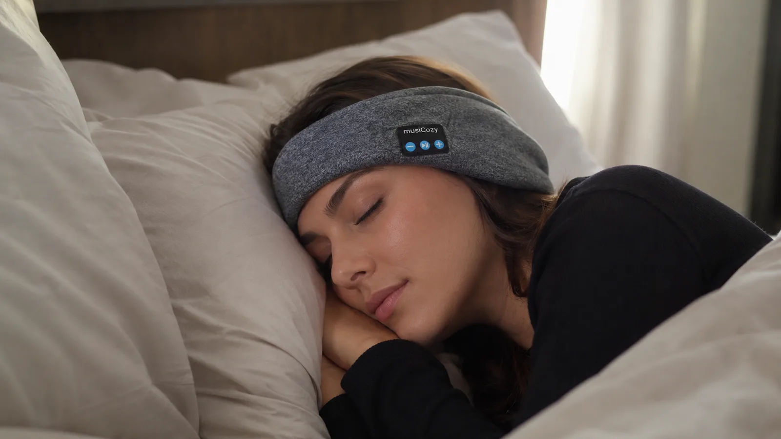 Close-up of a woman lying on her side wearing a soft headband with built-in speakers, eyes closed, resting on a pillow
