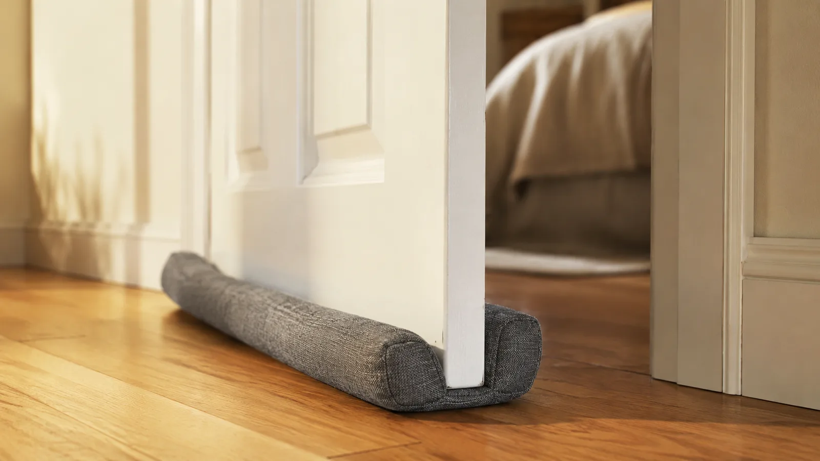 Front door with a door sweep installed and a rolled towel tucked against the gap, afternoon light in the hallway