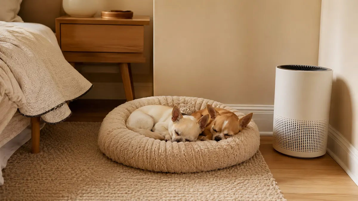 Two small dogs curled up asleep on a dog bed in the corner of a tidy bedroom near an air purifier