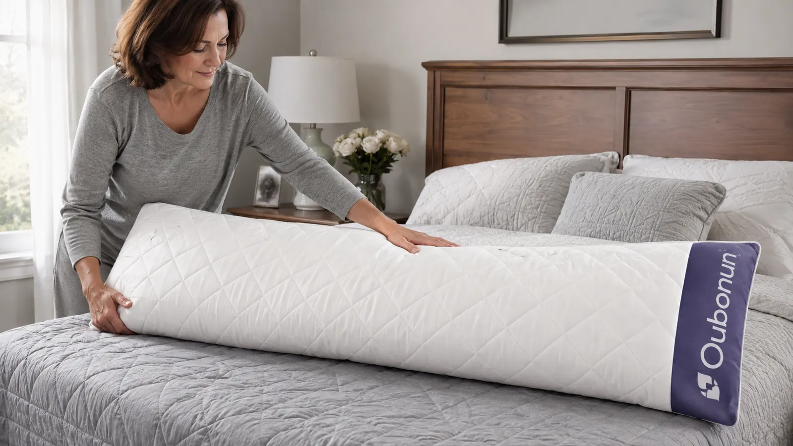 Hands positioning the Oubonun body pillow along a made bed to show its full length and quilted cover