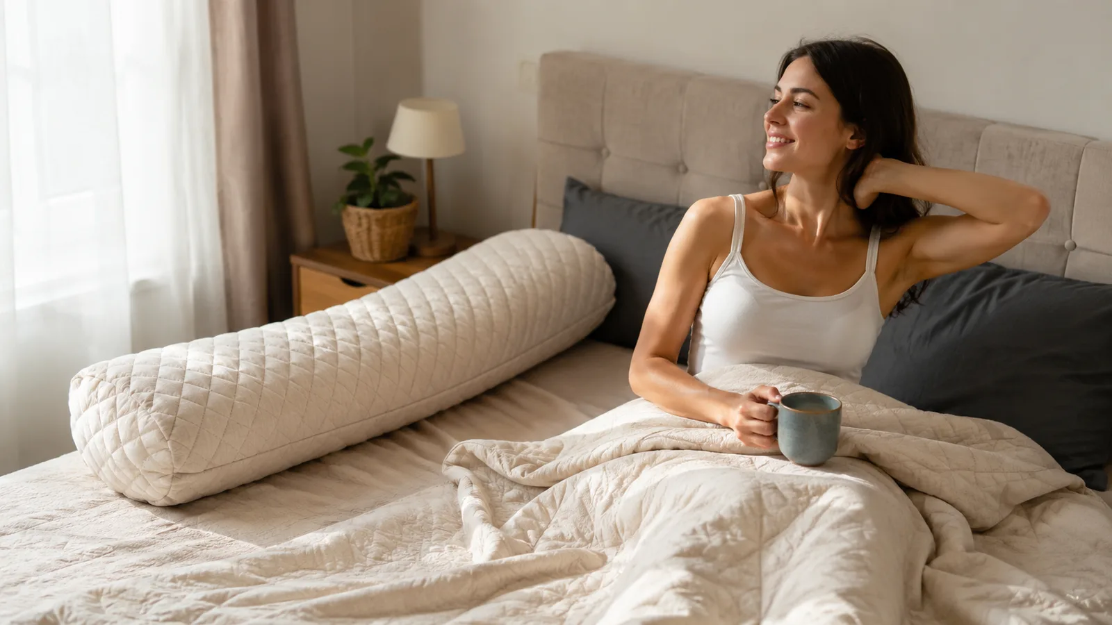 Neatly made bed at morning light with the body pillow folded at the head of the bed