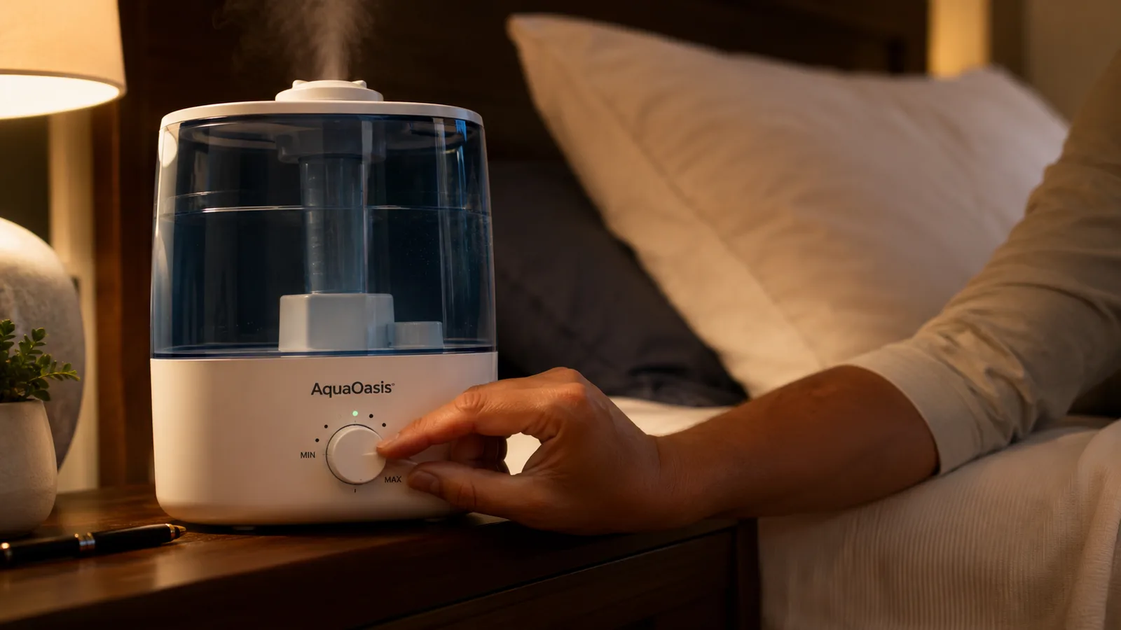 Close-up of a hand adjusting the mist dial on a white cool mist humidifier next to a bed