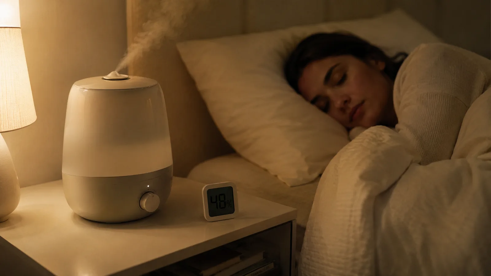 Bedroom nightstand at night with a humidifier running, a hygrometer reading the room's humidity level nearby