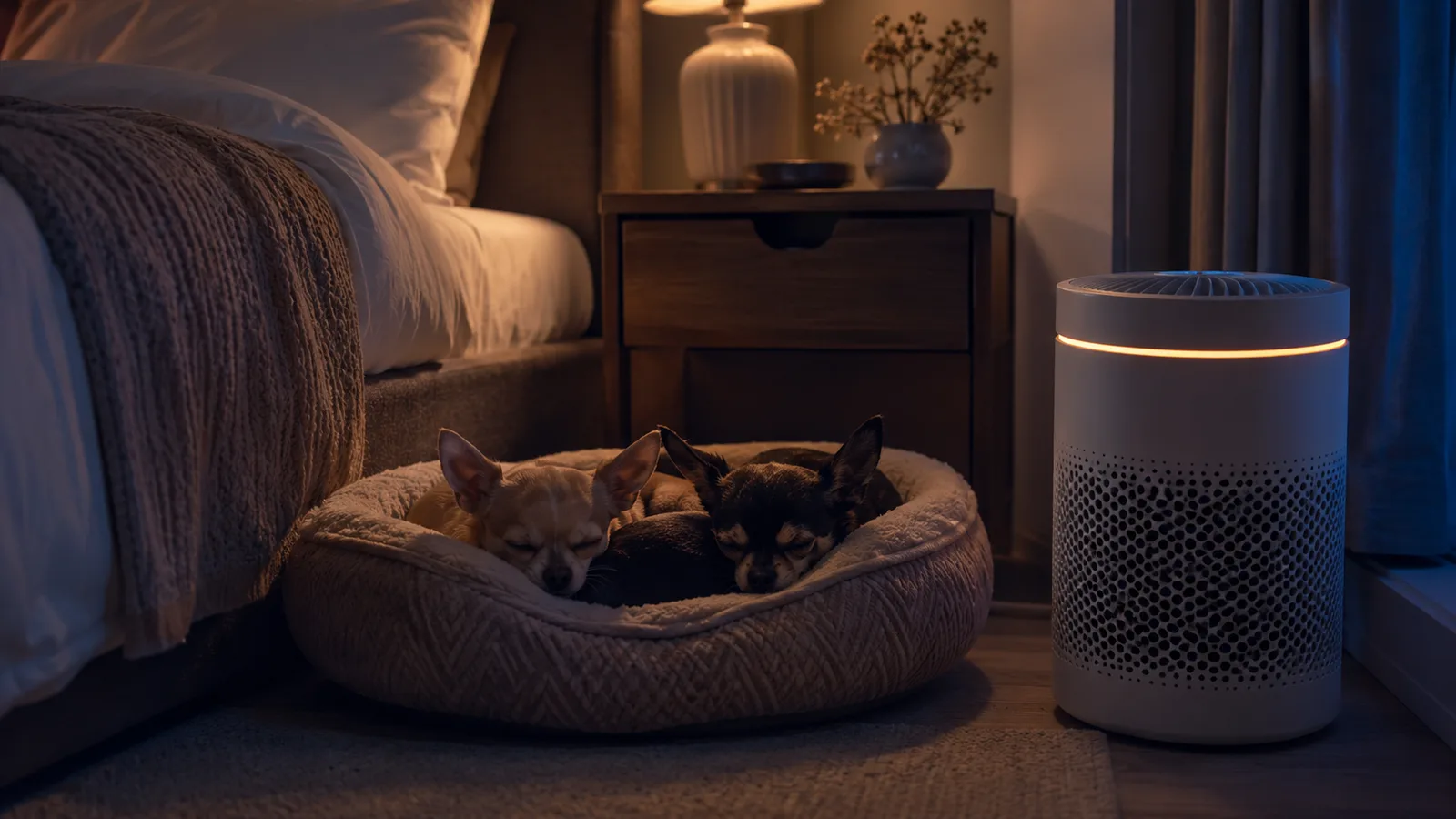 Two chihuahuas curled up asleep on a small dog bed in a quiet bedroom corner at night with an air purifier running nearby