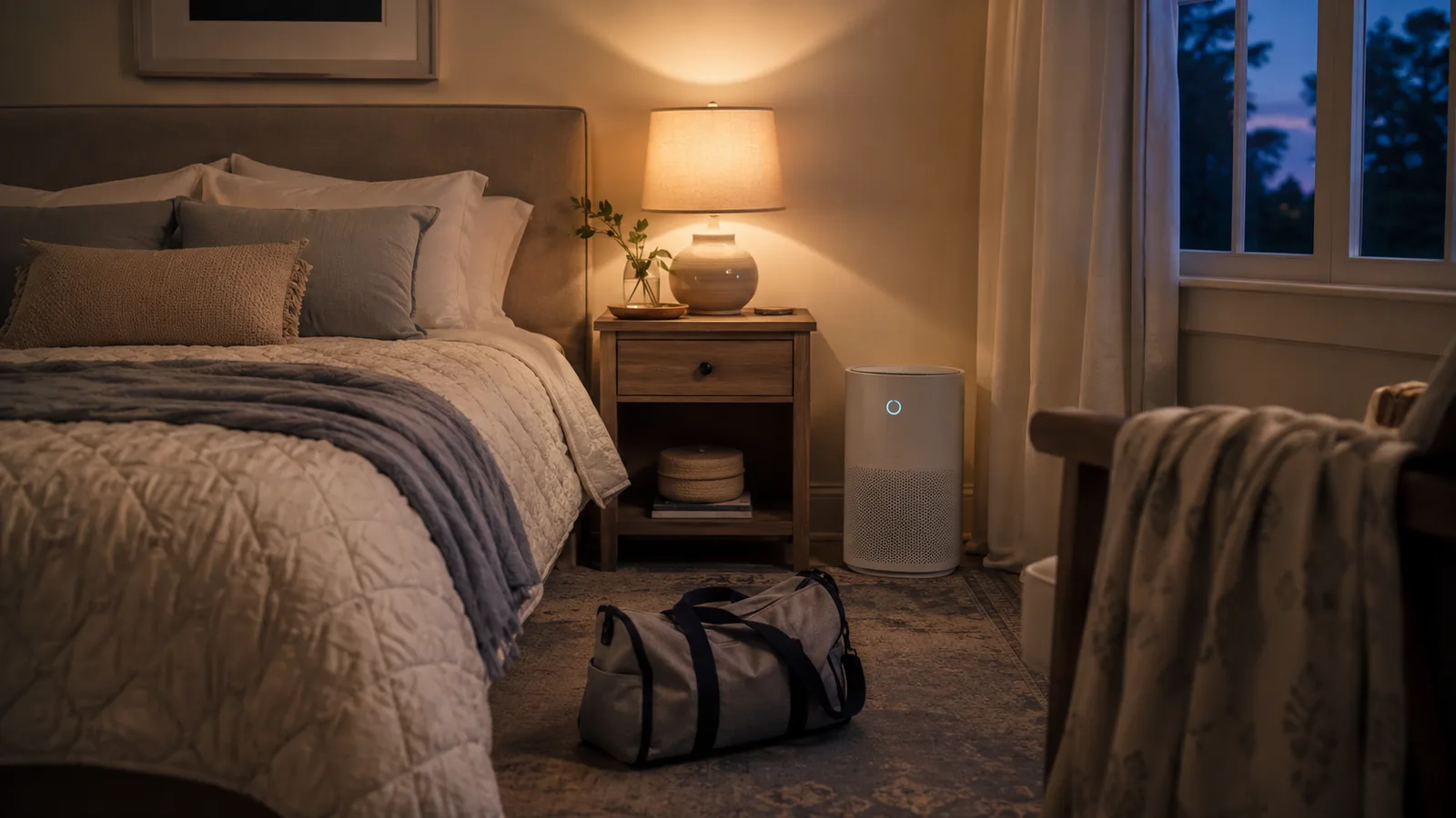 Guest bedroom at dusk with an air purifier running quietly beside a made-up bed and a child's overnight bag