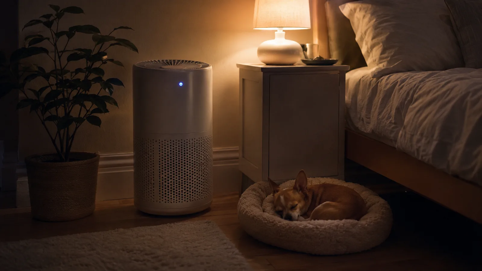 Bedroom corner at night with an air purifier running quietly beside a sleeping chihuahua curled on a dog bed