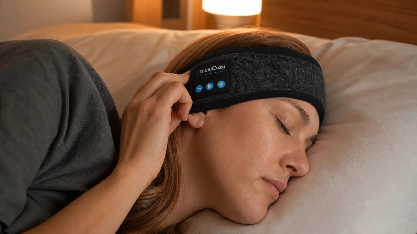 Close-up of hands adjusting a soft Bluetooth sleep headband before lying down on a pillow