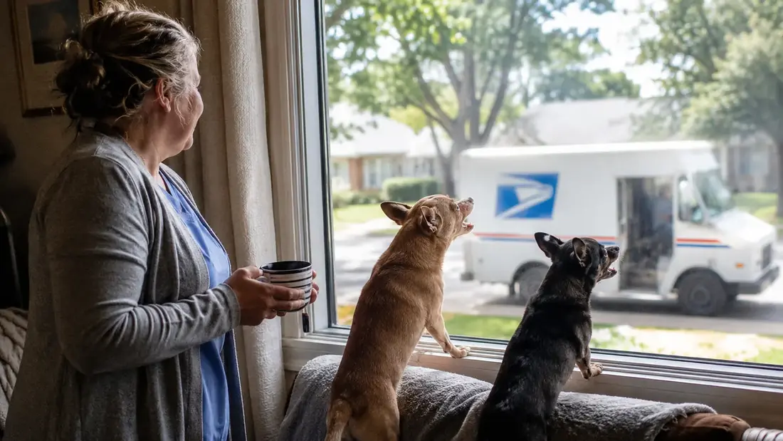 A small dog barking near a front door beside a delivery package, seen from inside a quiet house