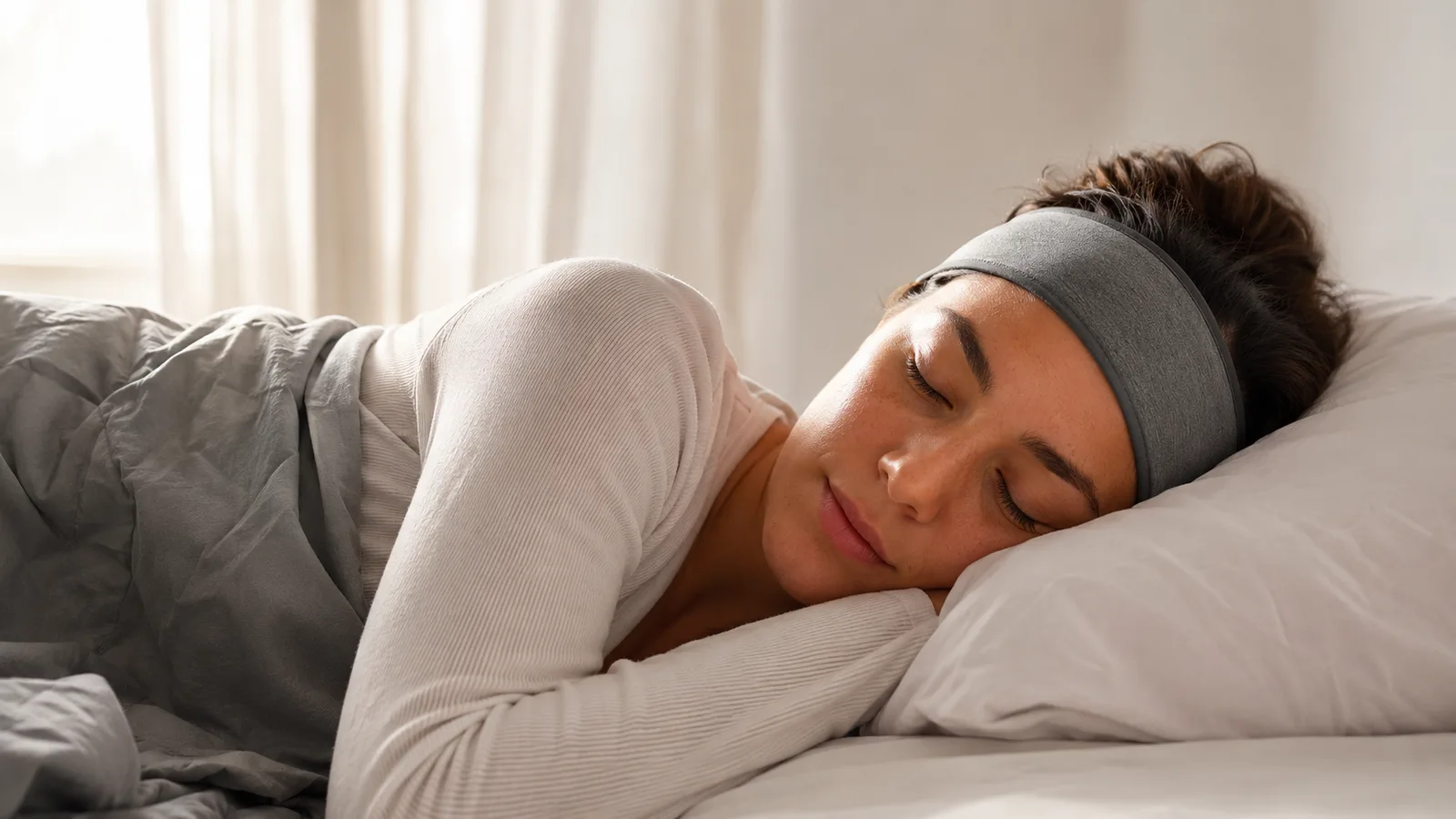 Woman lying on her side in bed wearing a thin Bluetooth headband, eyes closed, mid-morning light at the window