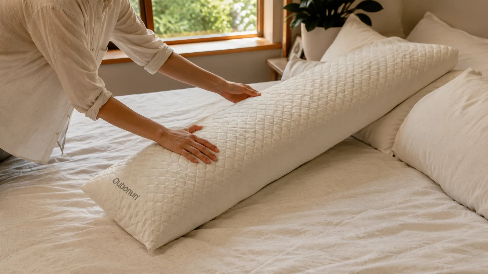 Close-up of hands adjusting a long cream quilted body pillow lengthwise on a bed