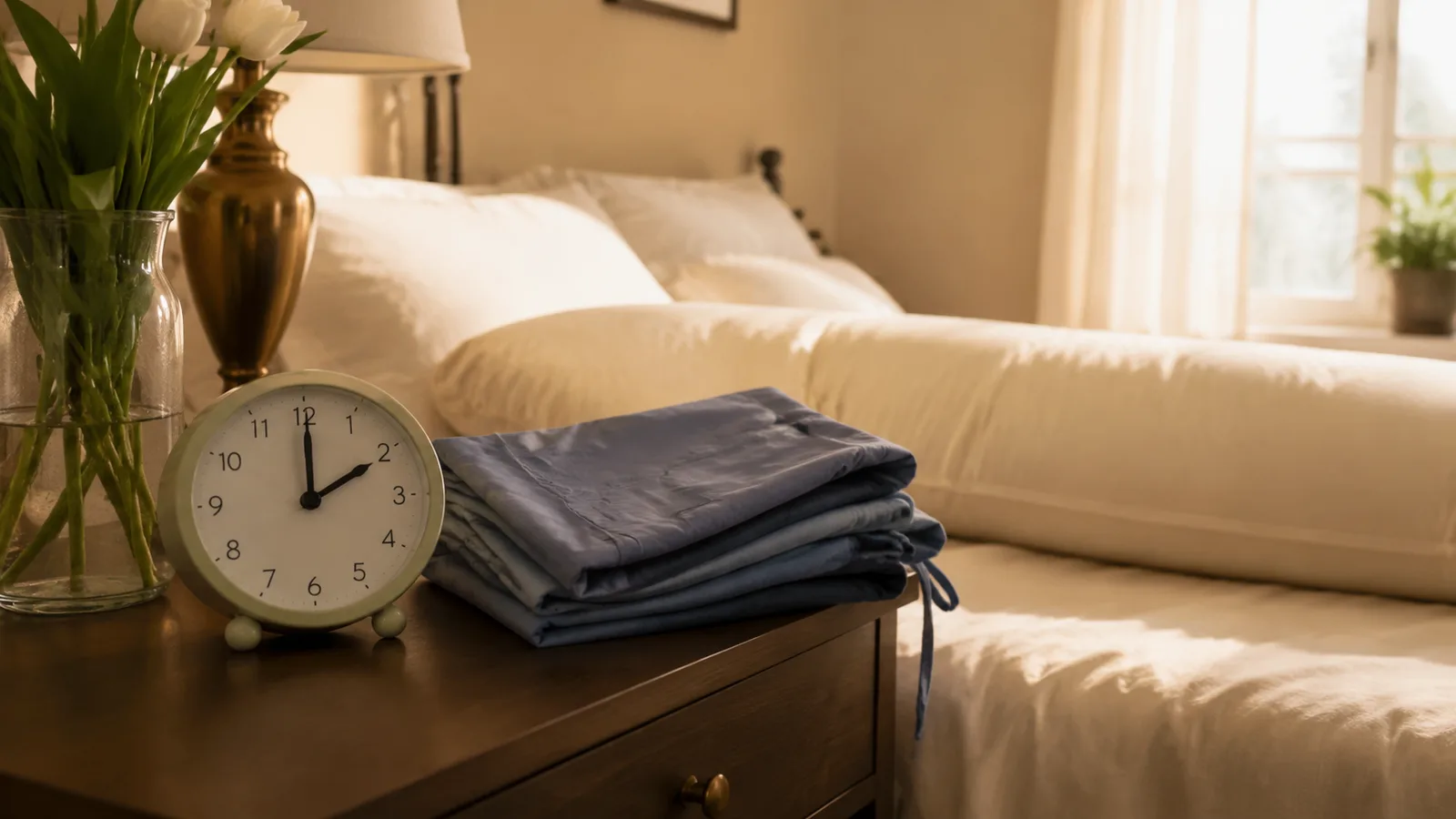 A nightstand with folded nursing scrubs and a clock reading 2:00 PM beside a bed with a body pillow