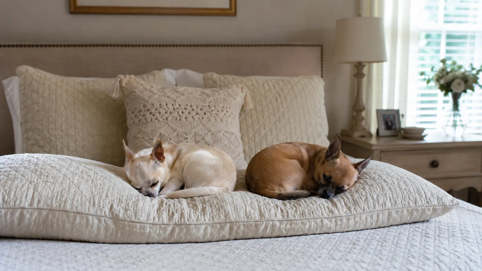Two small chihuahuas curled up asleep on top of a long cream body pillow on a made bed