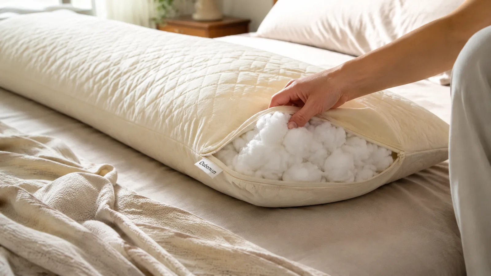 Close-up of a hand unzipping the corner of a quilted body pillow to show the fluffy down alternative fill inside